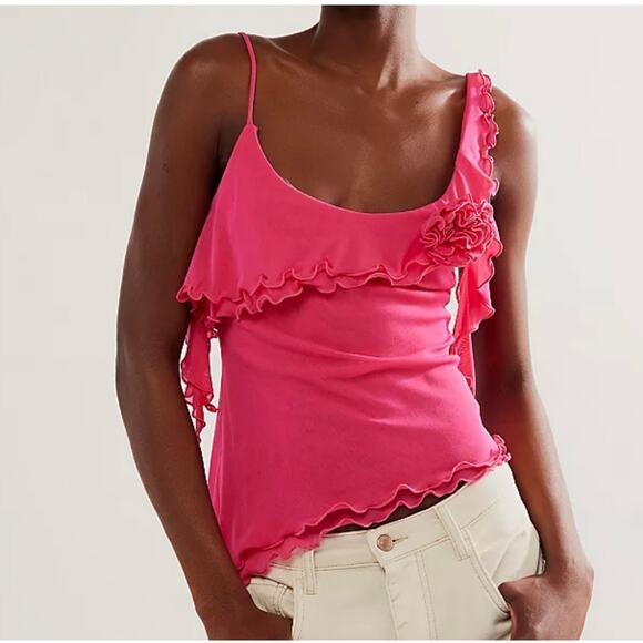Free People Tops - Free People Pink Ruffle One Shoulder Top XS NWT Asymmetrical Tank